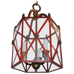 Vintage Wonderful Petite Red Gilt Bronze Hexagon Panel Lantern Fixture 3 Lights Pendent