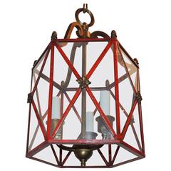 Wonderful Petite Red Gilt Bronze Hexagon Panel Lantern Fixture 3 Lights Pendent