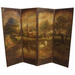 Used Painted Leather Screen with Nailhead Surround, Northern France