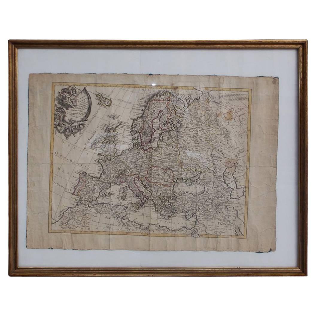 French European Framed Map Printed on Linen, Signed, Circa 1781