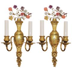 Wonderful Pair French Gilt Dore Bronze Porcelain Flower Urn Petite Wall Sconces 