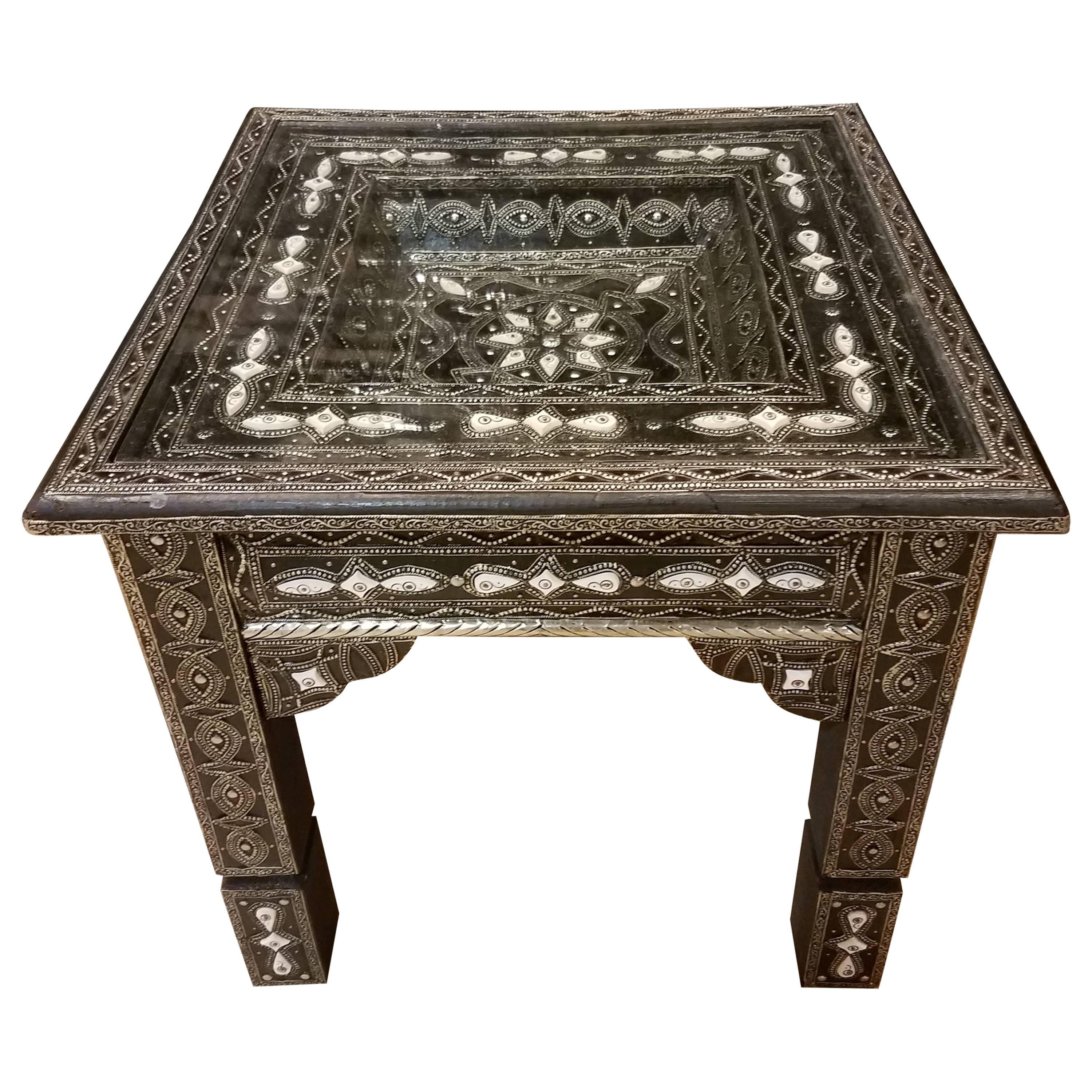 Metal / White Camel Bone Inlaid Moroccan Side Table For Sale
