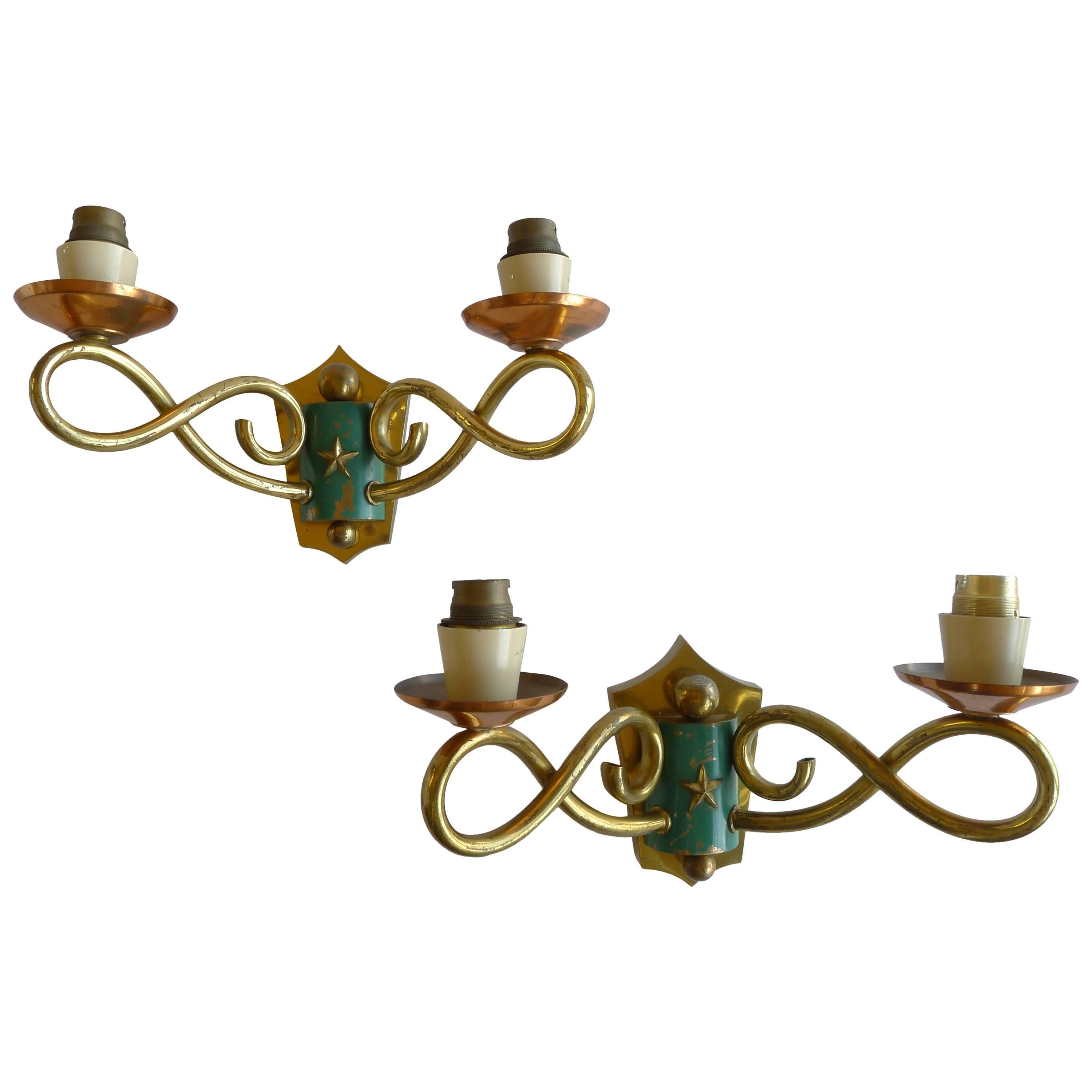1930s French Regency Wall Sconces in Brass and Copper For Sale