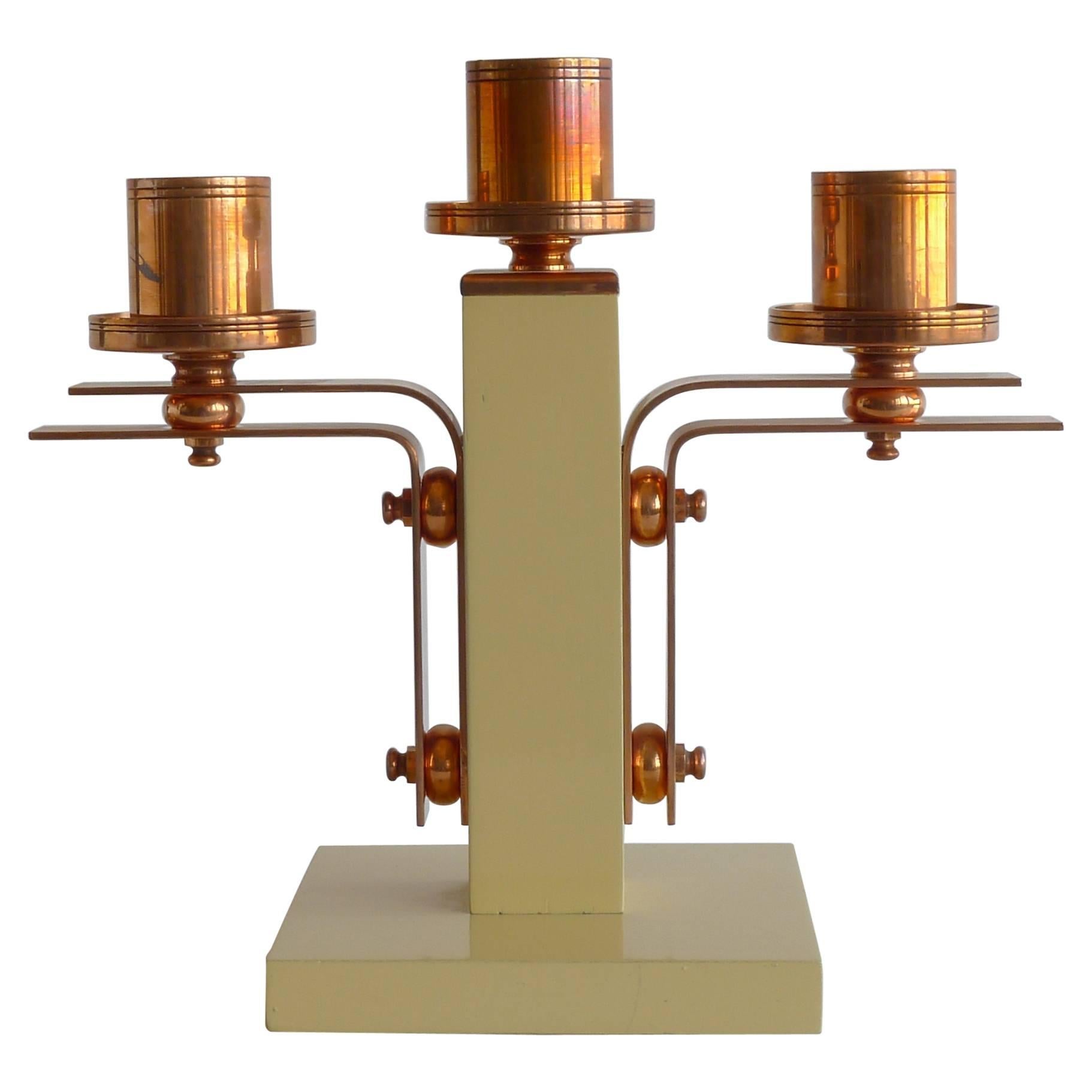 1930s French Art Deco Triple Candelabra in Lacquered Wood and Copper For Sale