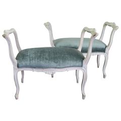Pair of French Painted Benches with Aqua Velvet Upholstery
