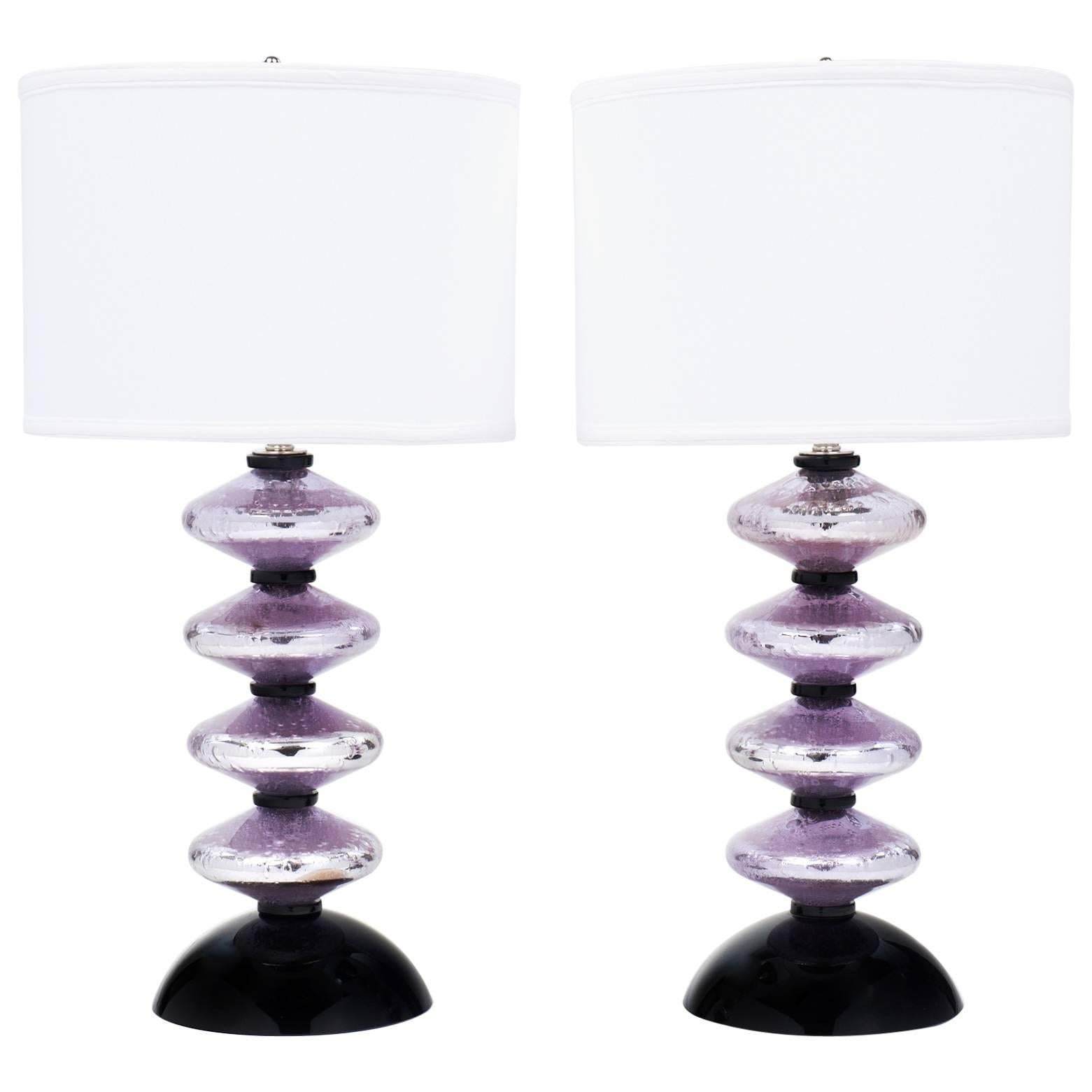 Murano Purple "Pulegoso" Mercury Glass Pair of Table Lamps