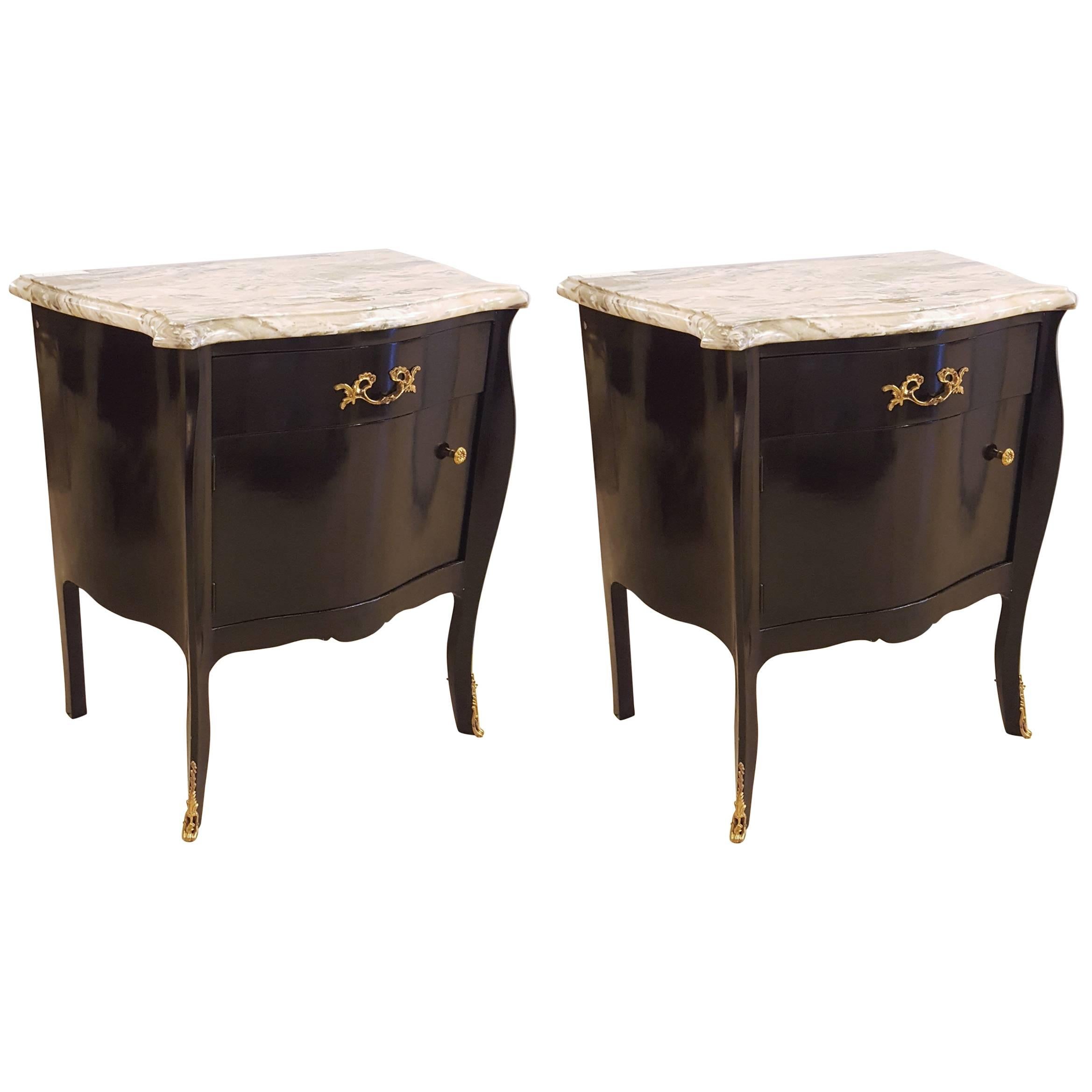 Pair of Hollywood Regency Style Ebonized Marble-Top Nightstands / End Tables