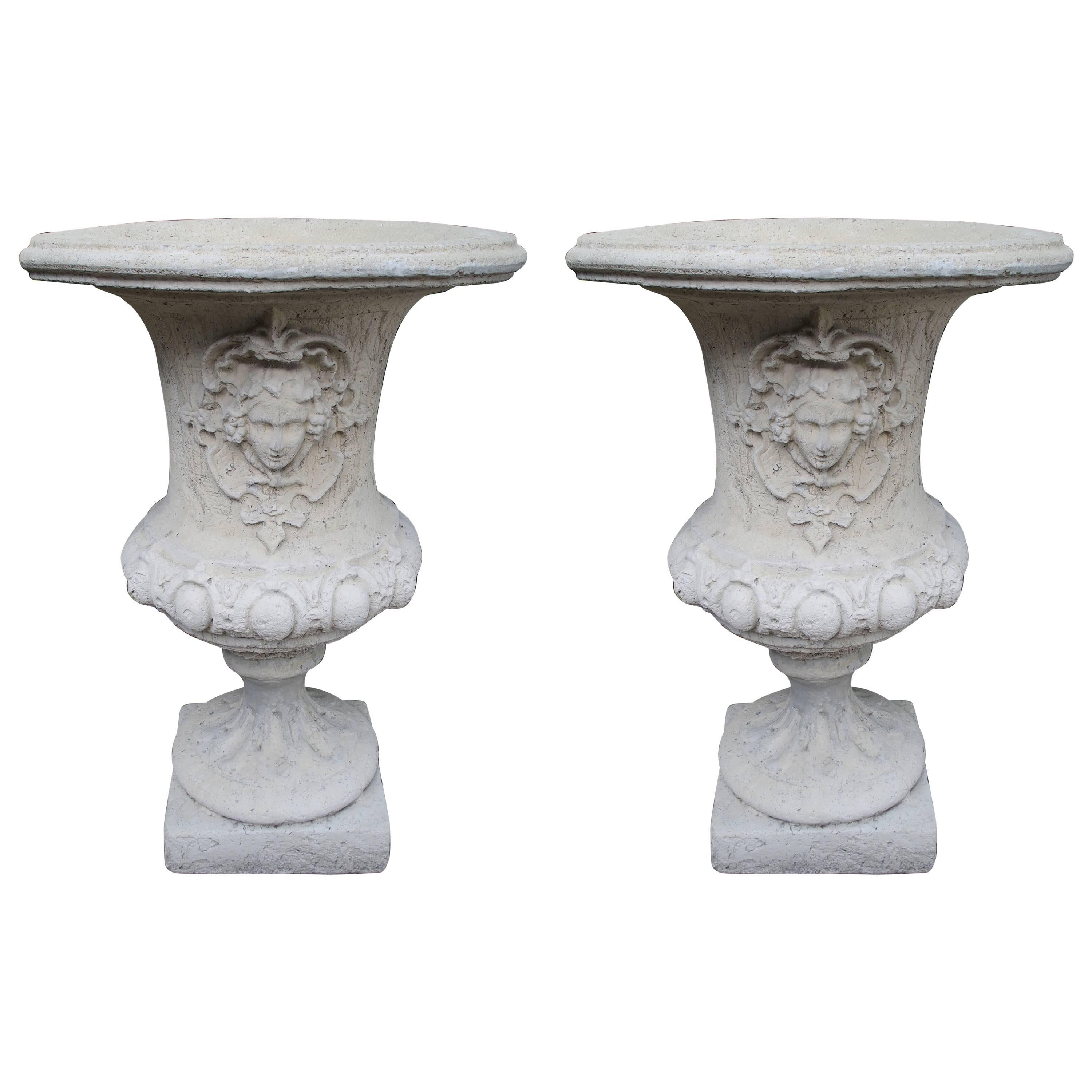 Pair of Large Louis XIV Style Urns in Cream Sandstone Finish