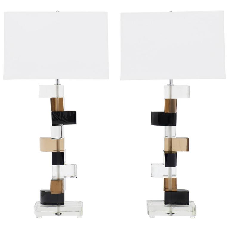 Pair Of Murano Glass Stacked Blocks Table Lamps