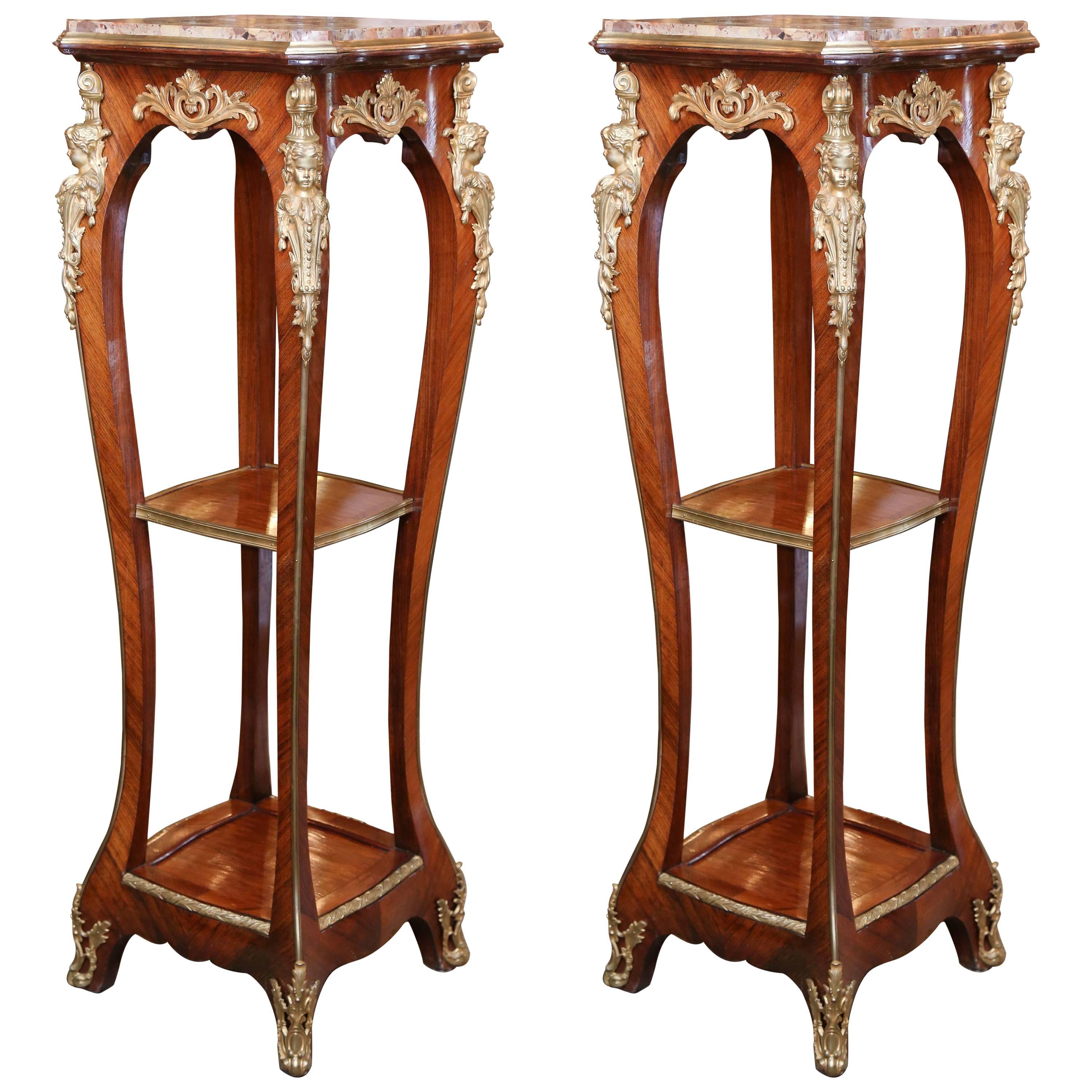 Pair of Tall French Marble-Top Pedestals with Ormolu Mounts and Cabriole Legs For Sale