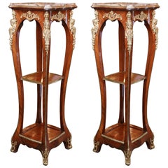 Pair of Tall French Marble-Top Pedestals with Ormolu Mounts and Cabriole Legs