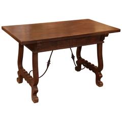 Spanish Work Table/Desk with Iron Stretcher, 18th Century with Ox Bow Ends Antique Spanish Work Table/Desk with Iron Stretcher, 18th Century with Ox Bow Ends