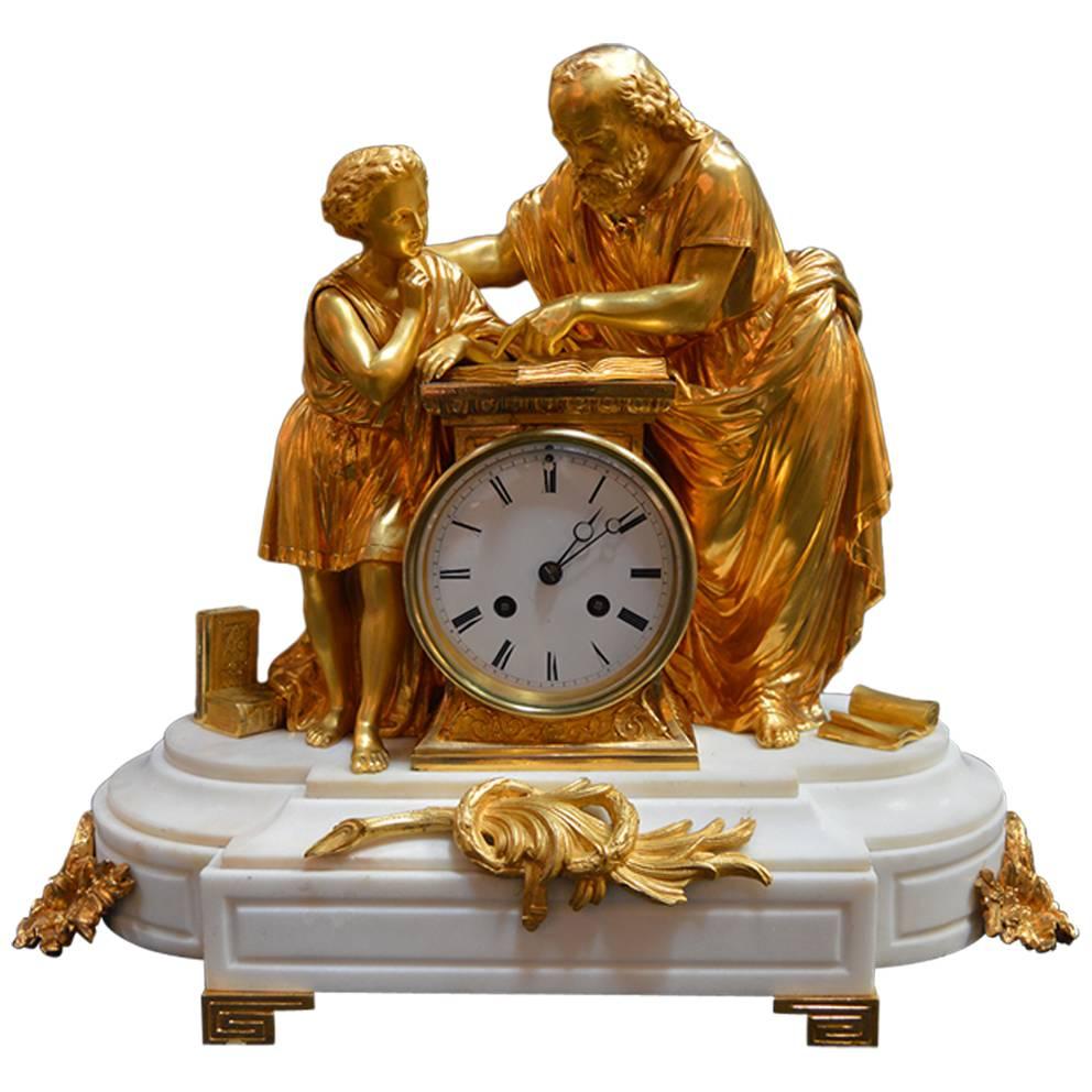 19th Century French Doré Bronze and White Marble Figural Clock