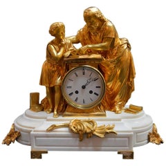 19th Century French Doré Bronze and White Marble Figural Clock