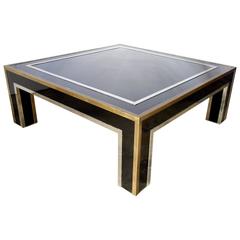 Italian Mid-Century Black Square Metal Coffee Table with Chrome and Brass Trim