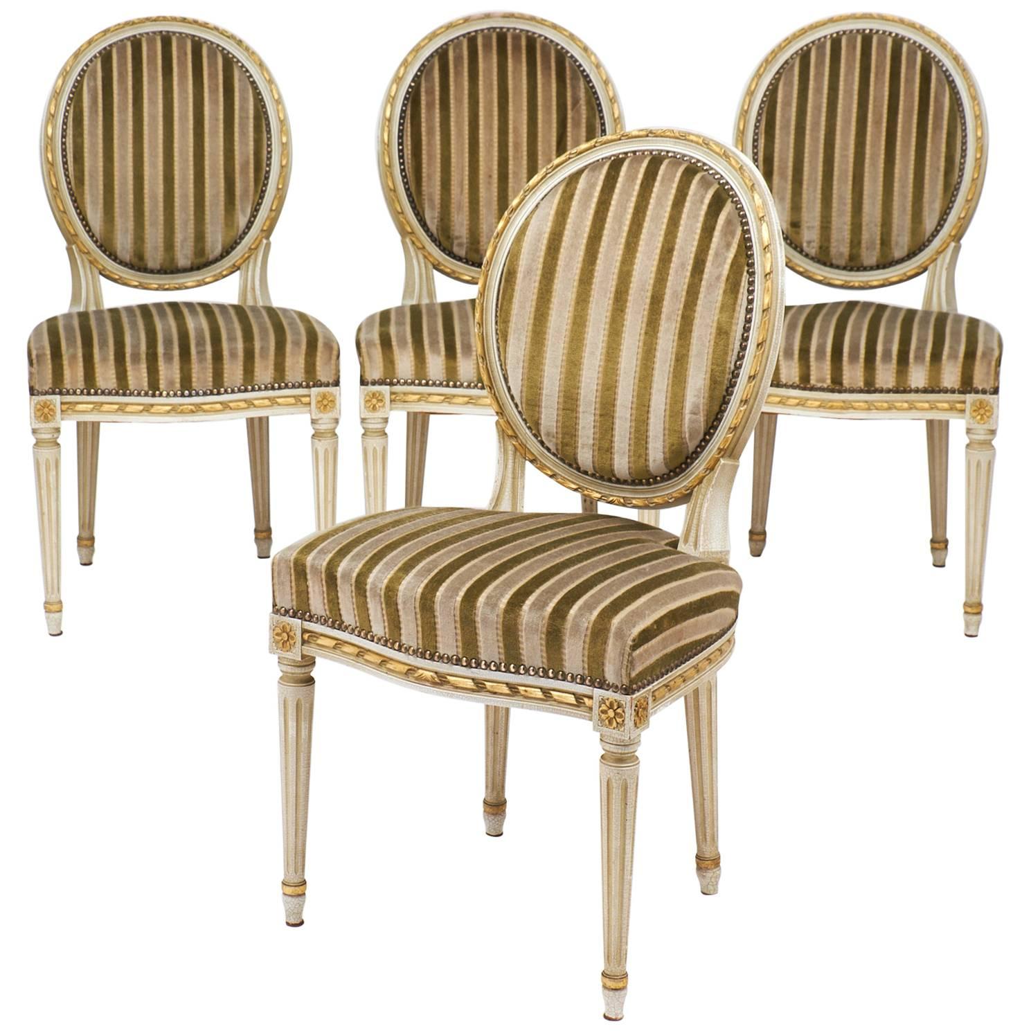 Gold Leaf Striped Velvet Set of Four Antique Louis XVI Dining Chairs
