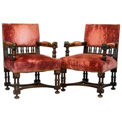 Pair of French 19th Century Richly Carved Louis XIII Style Lions Head Armchairs