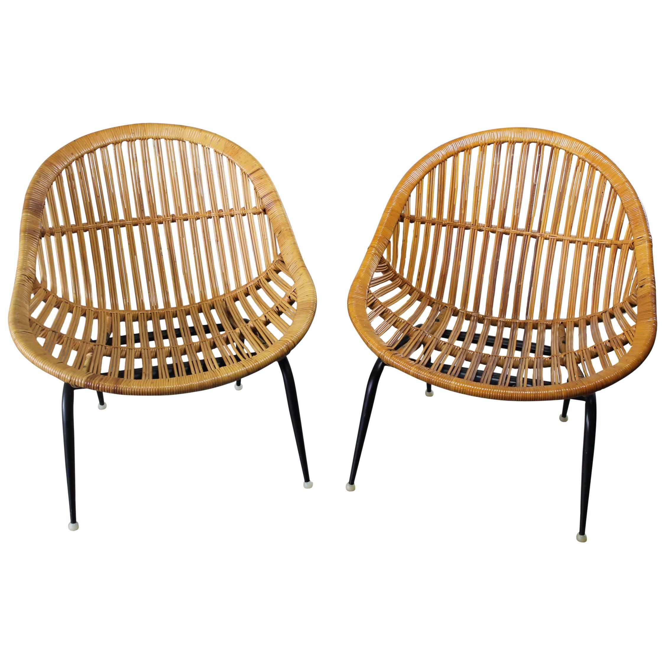 Pair of Mid-Century Modern Rattan Wicker Basket Chairs by Troy Sunshade Company