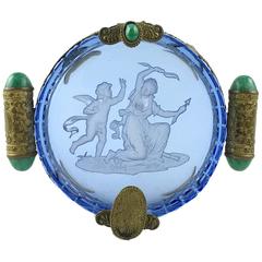Antique French Art Deco Etched Blue Glass Brass and Hardstone Chinoiserie Ashtray
