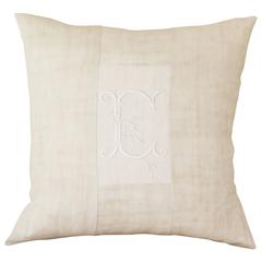 Large Antique Linen and Embroidery Monogramed Cushion 'E'
