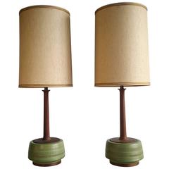 Pair of Danish Modern Pottery and Teak Table Lamps