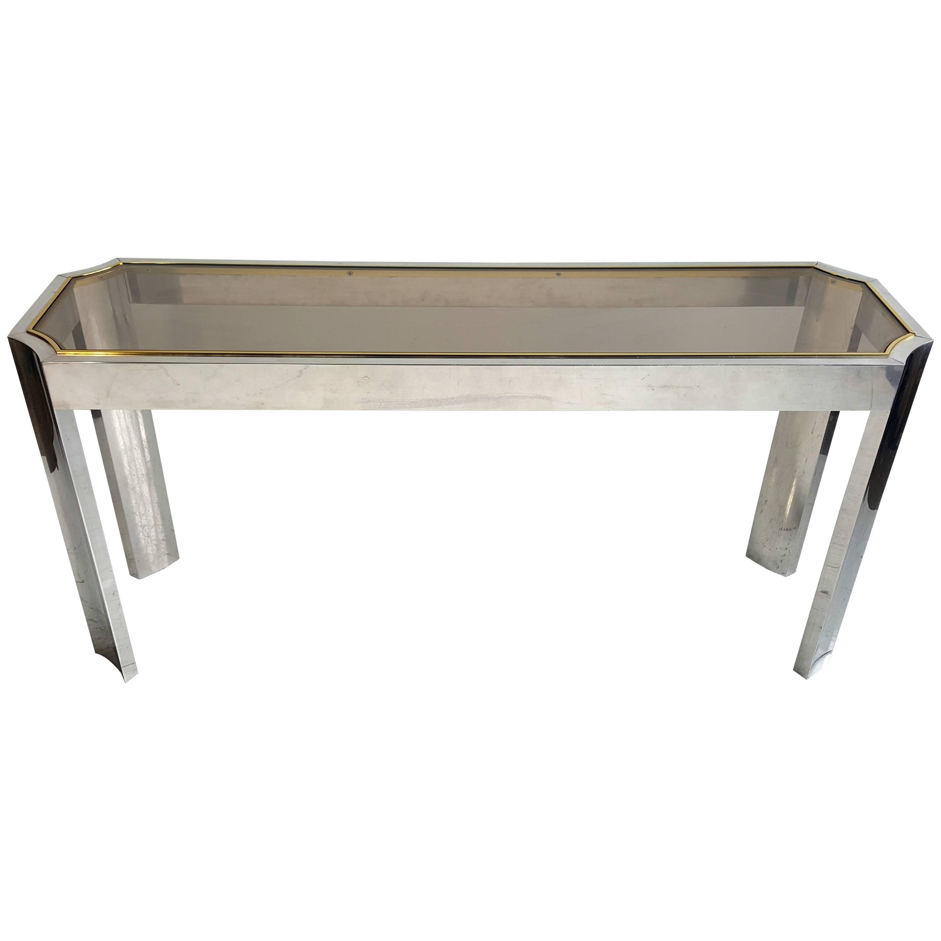 Elegant Aluminium, Brass and Glass Console or Sofa Table For Sale