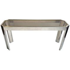 Used Elegant Aluminium, Brass and Glass Console or Sofa Table