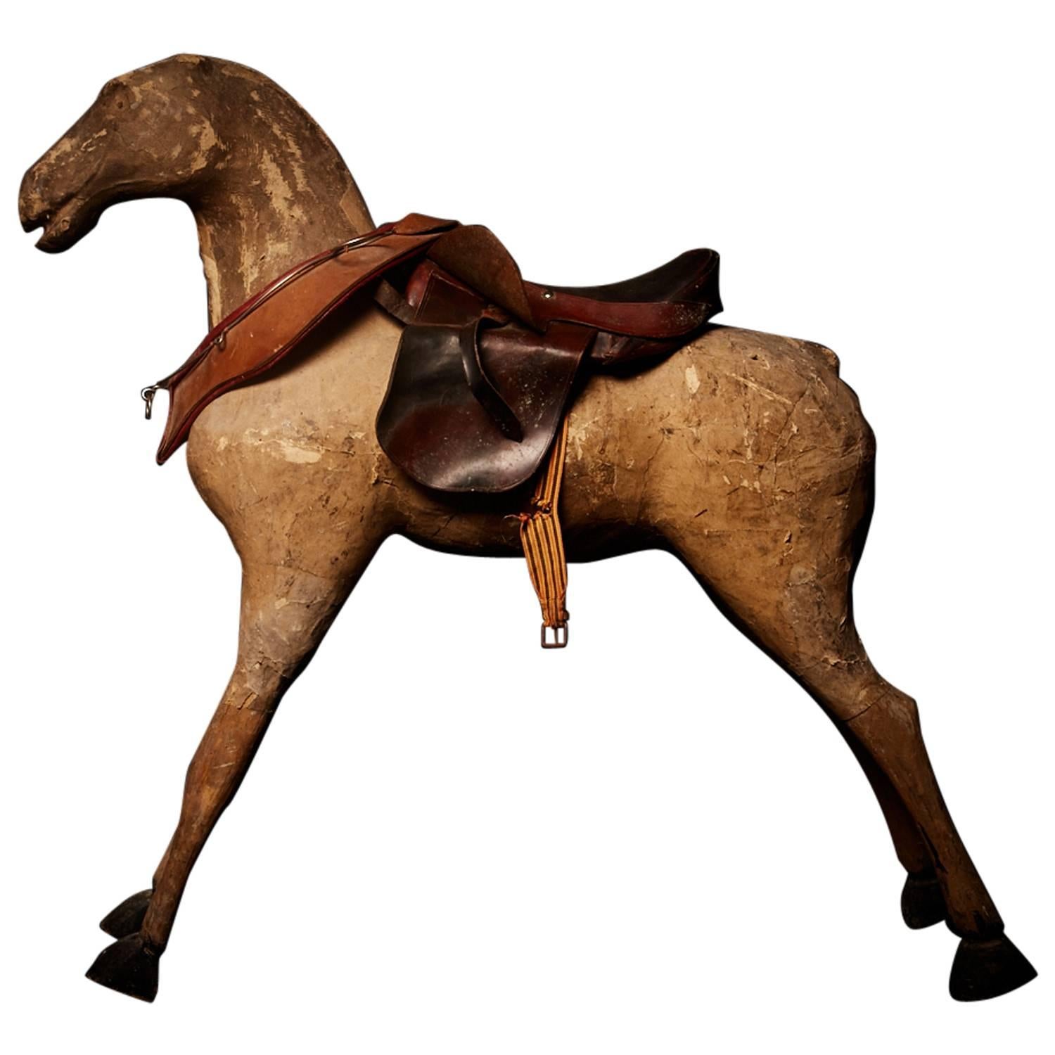Charming French Papier Mache and Wood Large Antique Horse, 19th Century For Sale