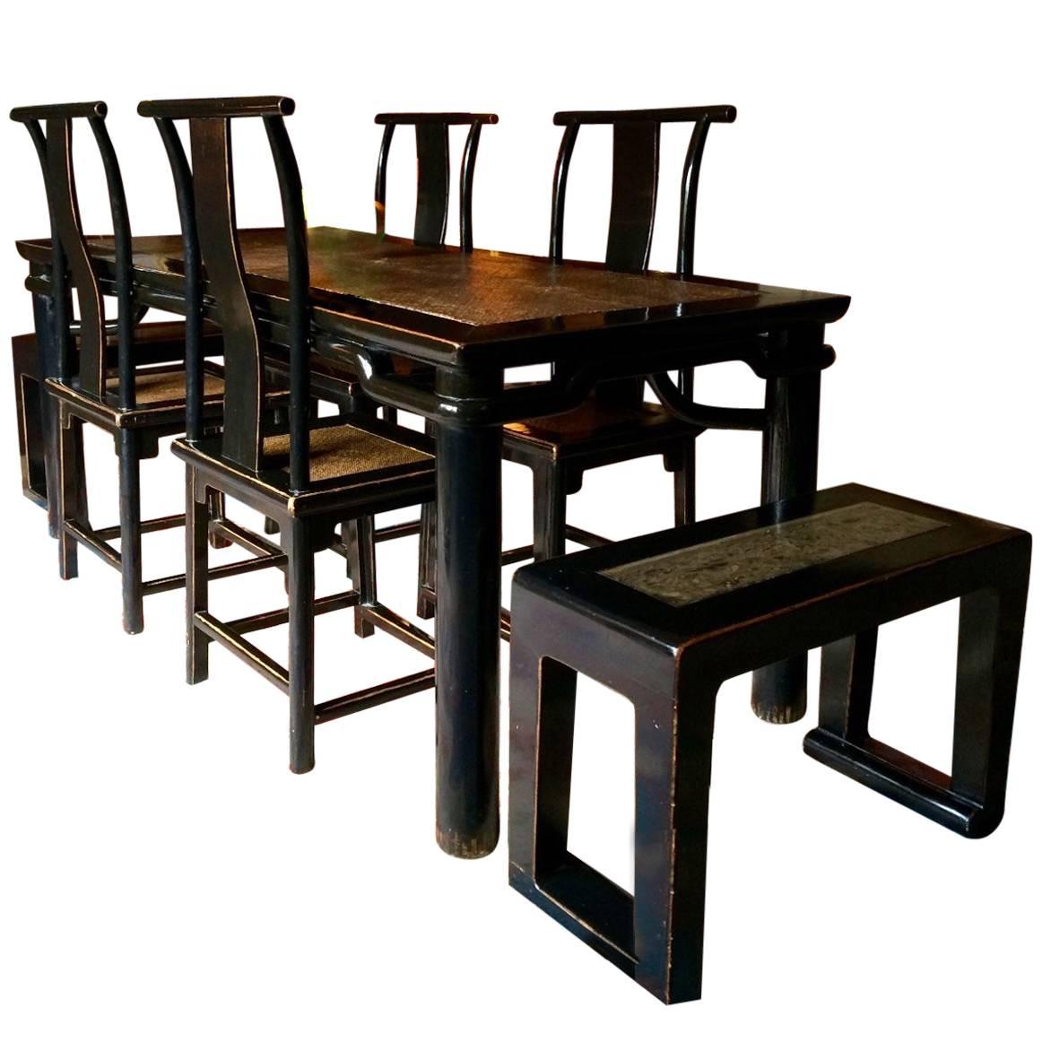 Chinese Dining Table and Chairs and Benches Suite Ming Style Solid Elm Seven