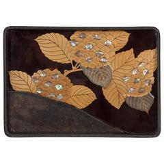 Antique Japanese Roiro Lacquer Tray with Hydrangea Motif
