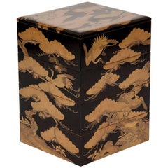 Antique Japanese Black Lacquer Jubako Box with Stork Motif