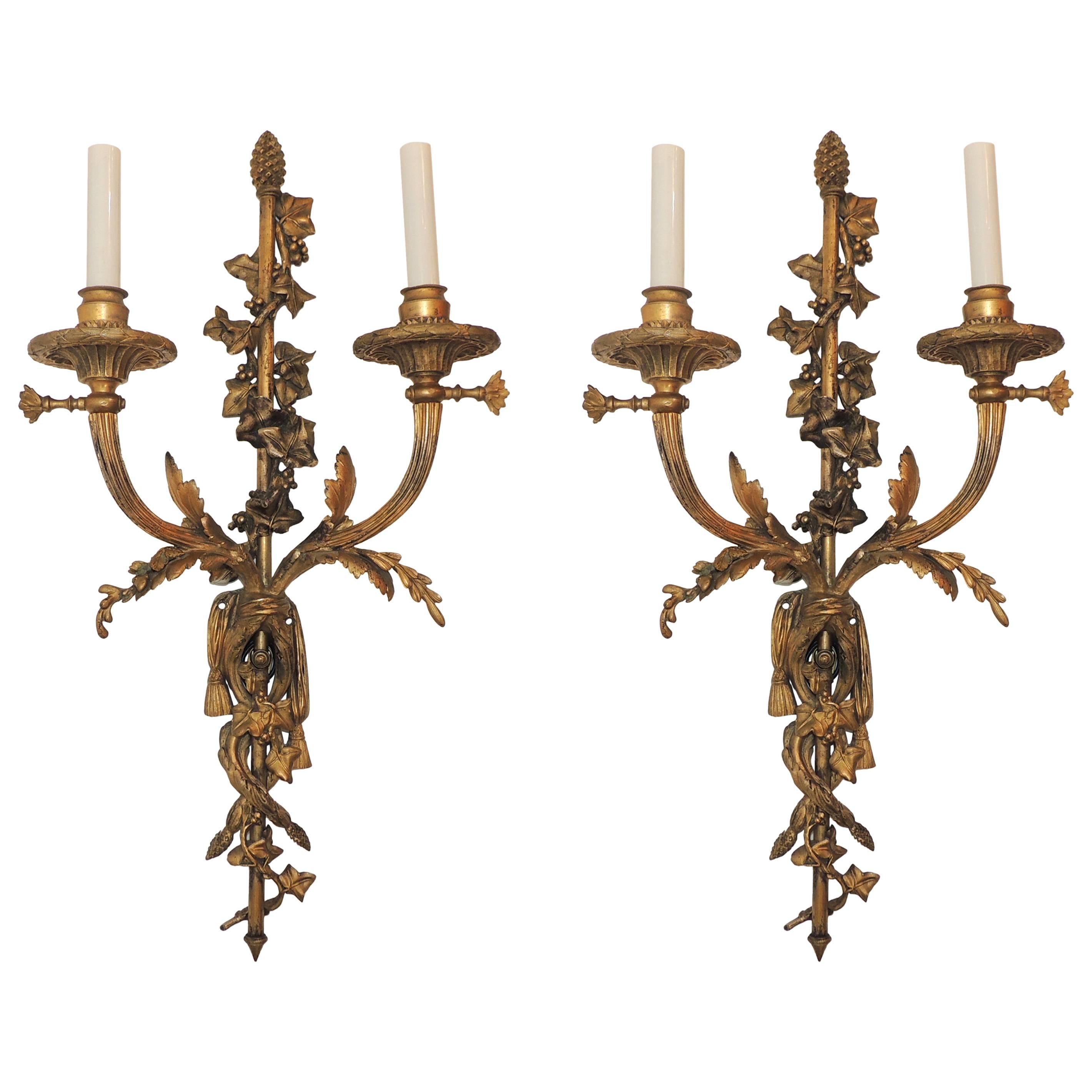 Wonderful Pair French Gilt Doré Bronze Filigree Ribbon Tassel Two-Light Sconces