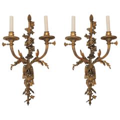 Wonderful Pair French Gilt Doré Bronze Filigree Ribbon Tassel Two-Light Sconces 12