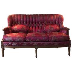 French Antique Style Louis XV Sofa Three Seater Settee Red Silk Stunning