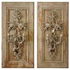 Pair of Carved Wood and Polychromed Wall Sconces