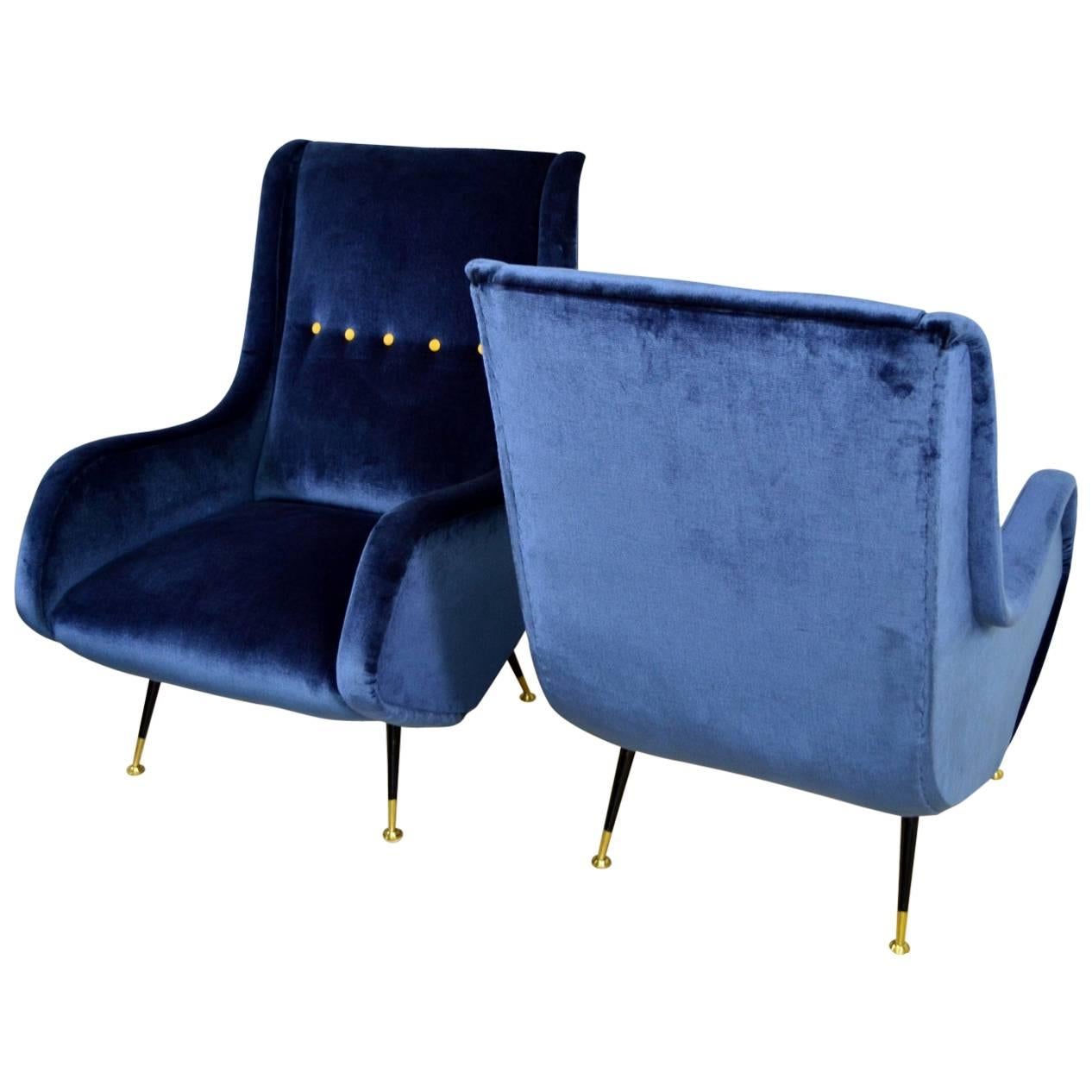 Pair of Italian Velvet Lounge Chairs Aldo Morbelli, Isa Bergamo, Italy, 1950s