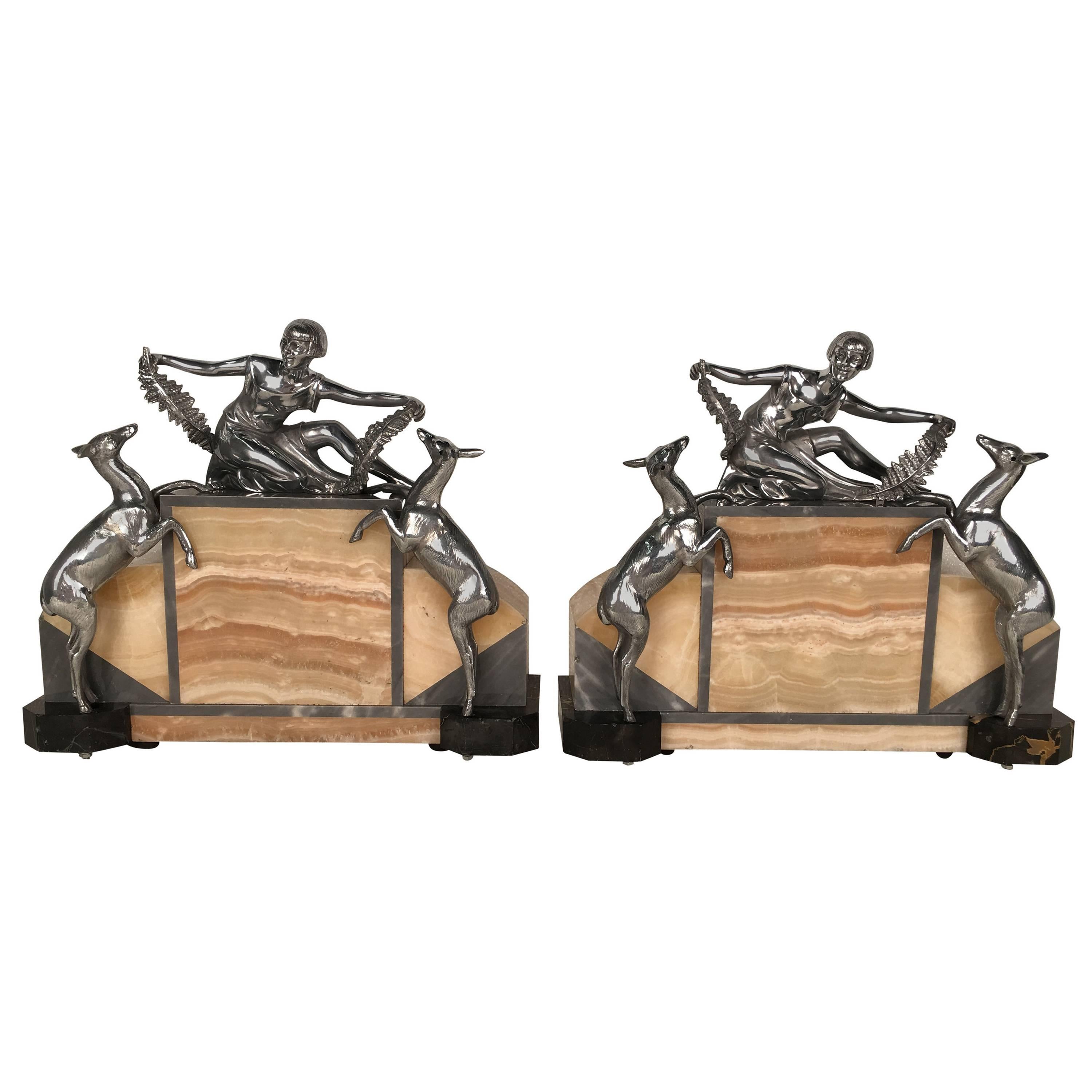 Pair of figural Art Deco Silverplated  and Onyx Lamps For Sale