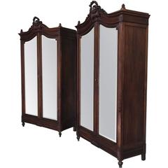 Pair 19th Century French Louis XVI Hand-Carved Walnut Armoires~Beveled Mirrors