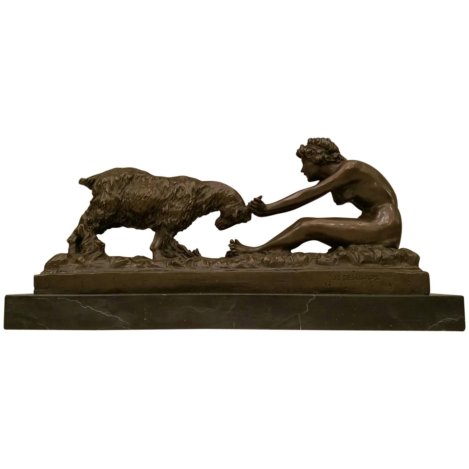 After Joe Descomps Bronze Sculpture Nymph with Goat For Sale