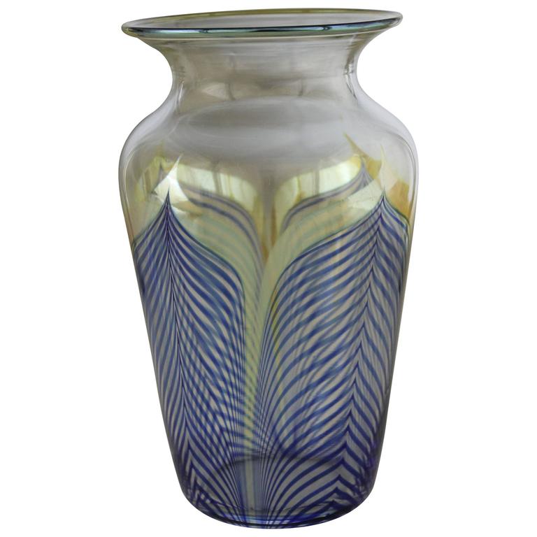 Vintage Correia Art Glass Pulled Feather Vase Cobalt Clear Metallic 1980
