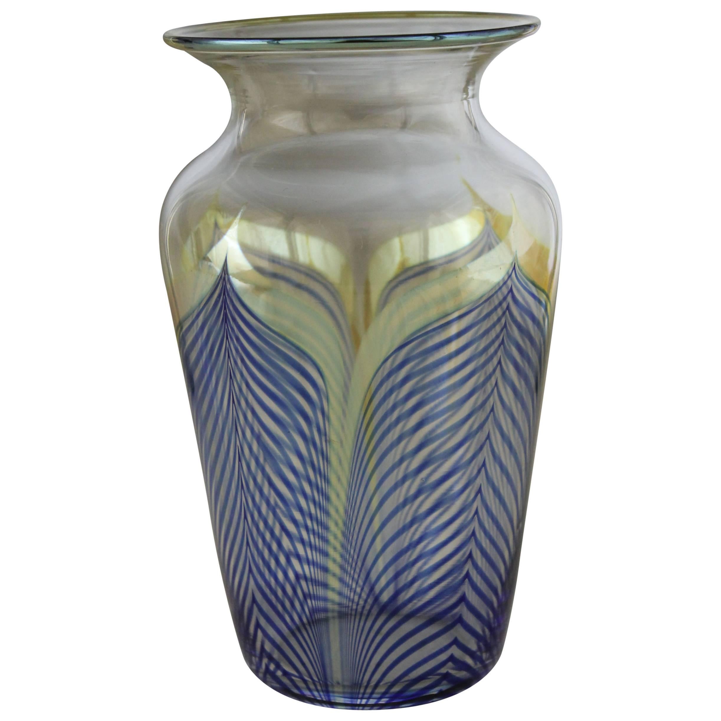 Vintage Correia Art Glass Pulled Feather Vase Cobalt Clear Metallic, 1980