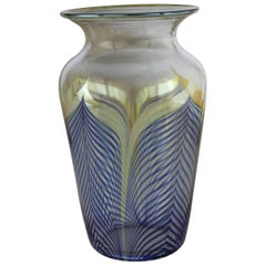 Vintage Correia Art Glass Pulled Feather Vase Cobalt Clear Metallic:: 1980