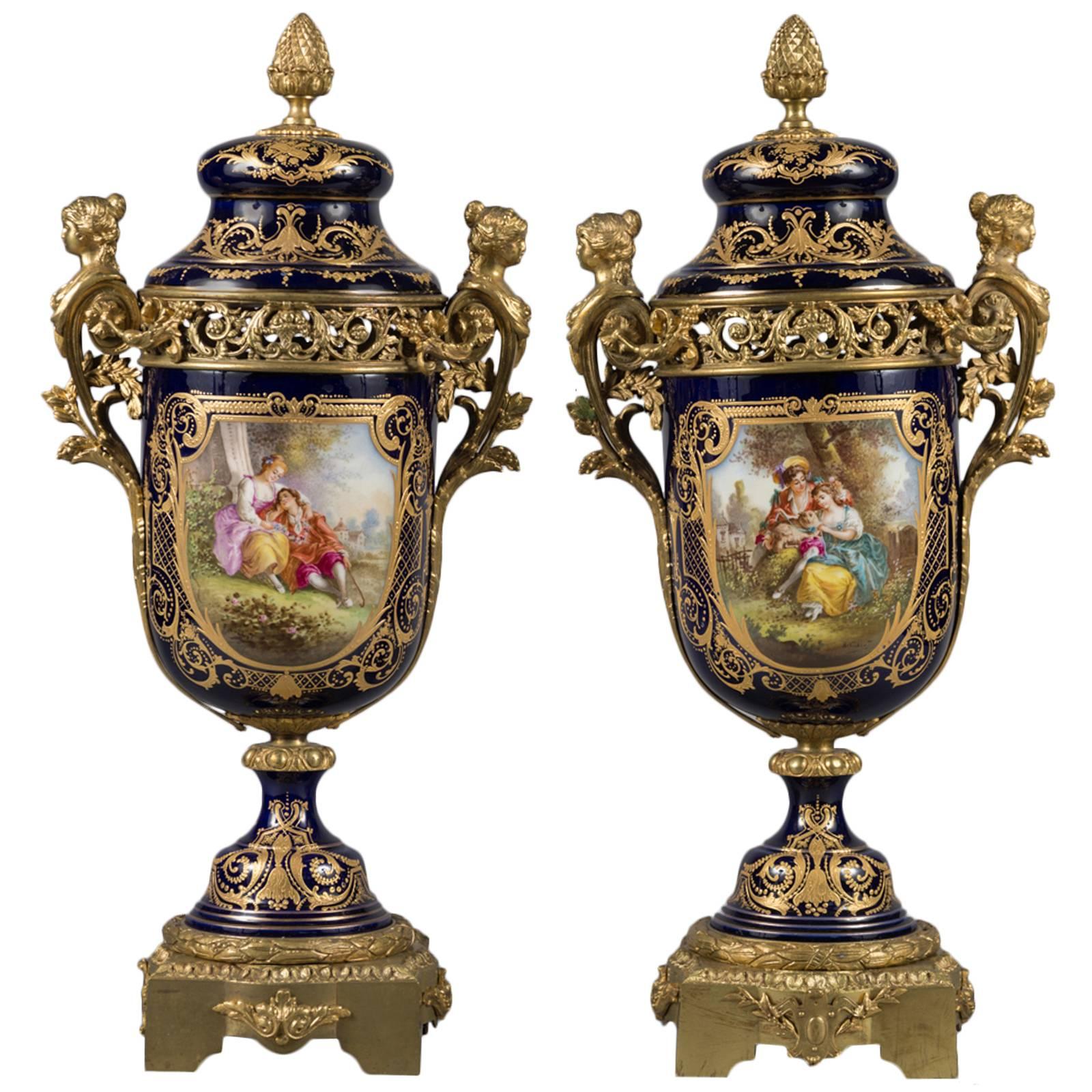 Pair of 19th Century French Sevres Gilt Bronze-Mounted Cobalt Blue Lidded Urns