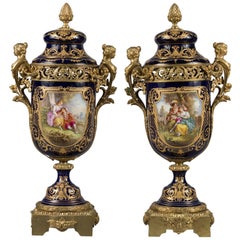 Antique Pair of 19th Century French Sevres Gilt Bronze-Mounted Cobalt Blue Lidded Urns