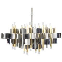 Gaetano Sciolari Chandelier in Brass, Chrome and Lucite, Italy, 1960s 2