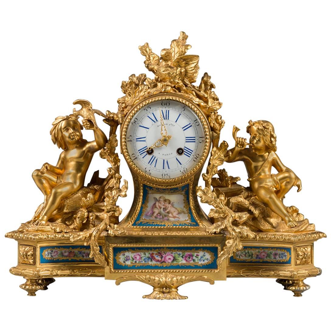 Very Fine 19th Century French Ormolu Bronze and Sevres Porcelain Mantle Clock