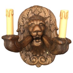Wonderful Large Pair Renaissance Revival Oak Lion Head Sculpture Wall Sconces