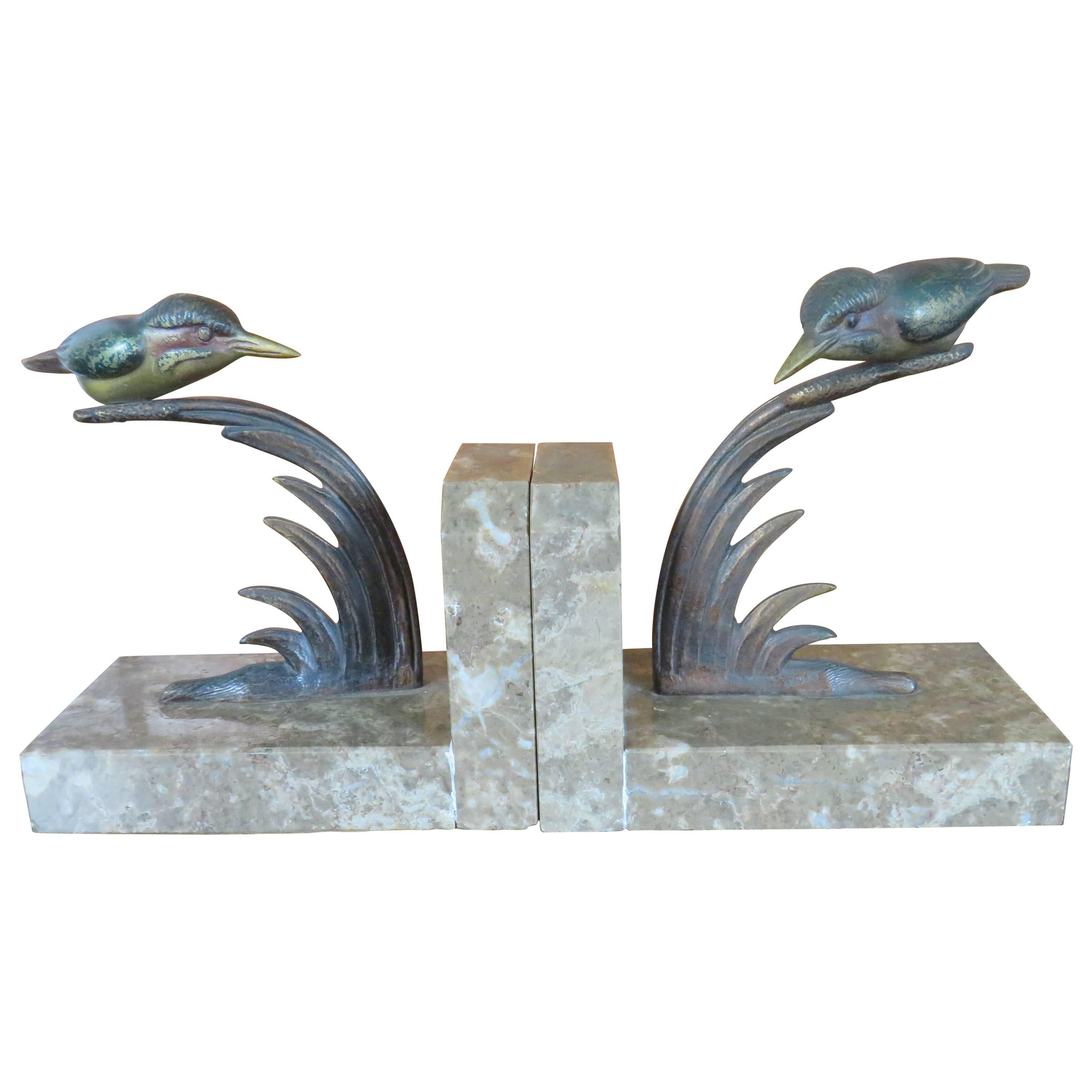 Art Deco Bookends with Cold Painted Bronze Kingfisher Birds on Marble Base