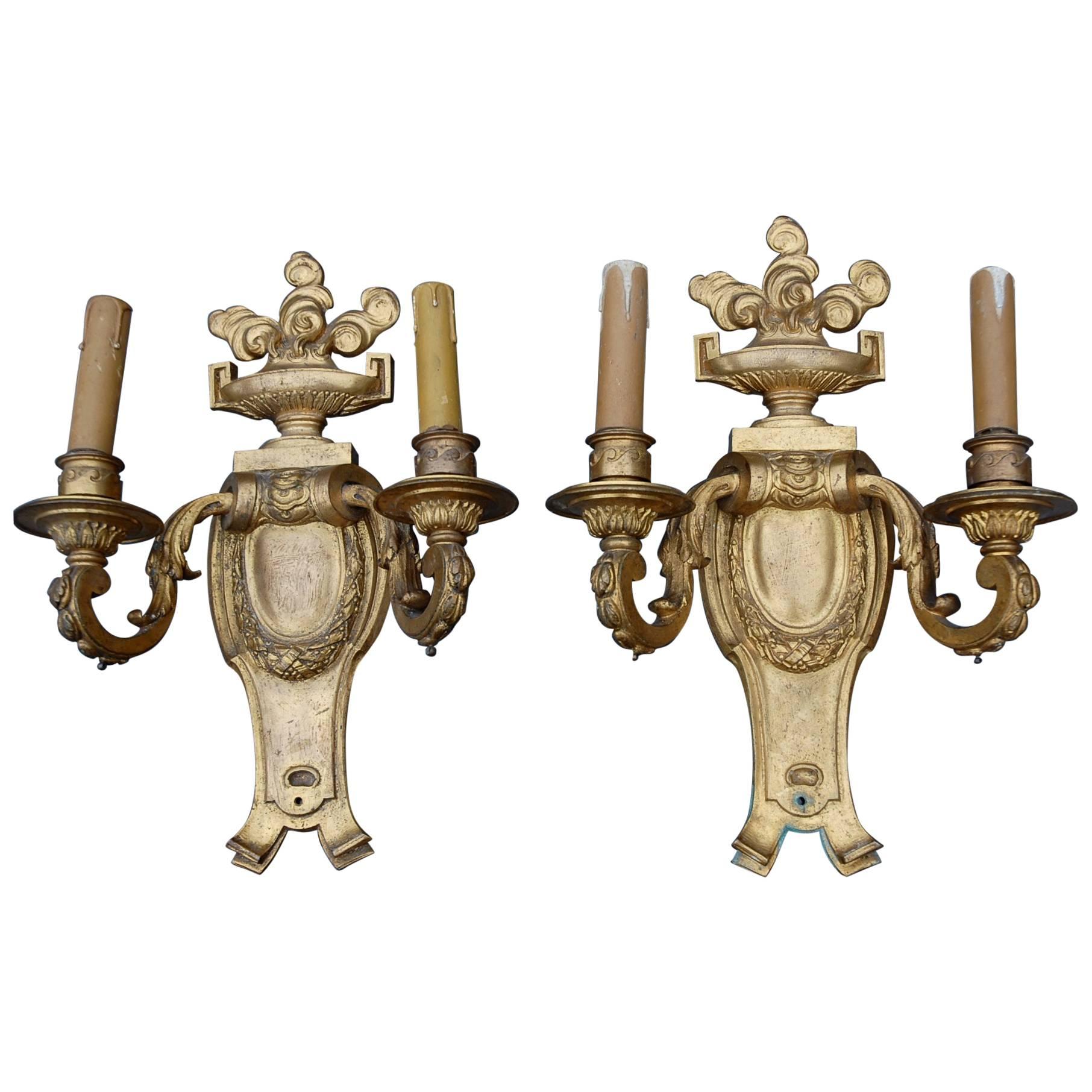 Large Antique Late 19th Century Gilt Bronze Louis XVI Style Pair of Wall Sconces
