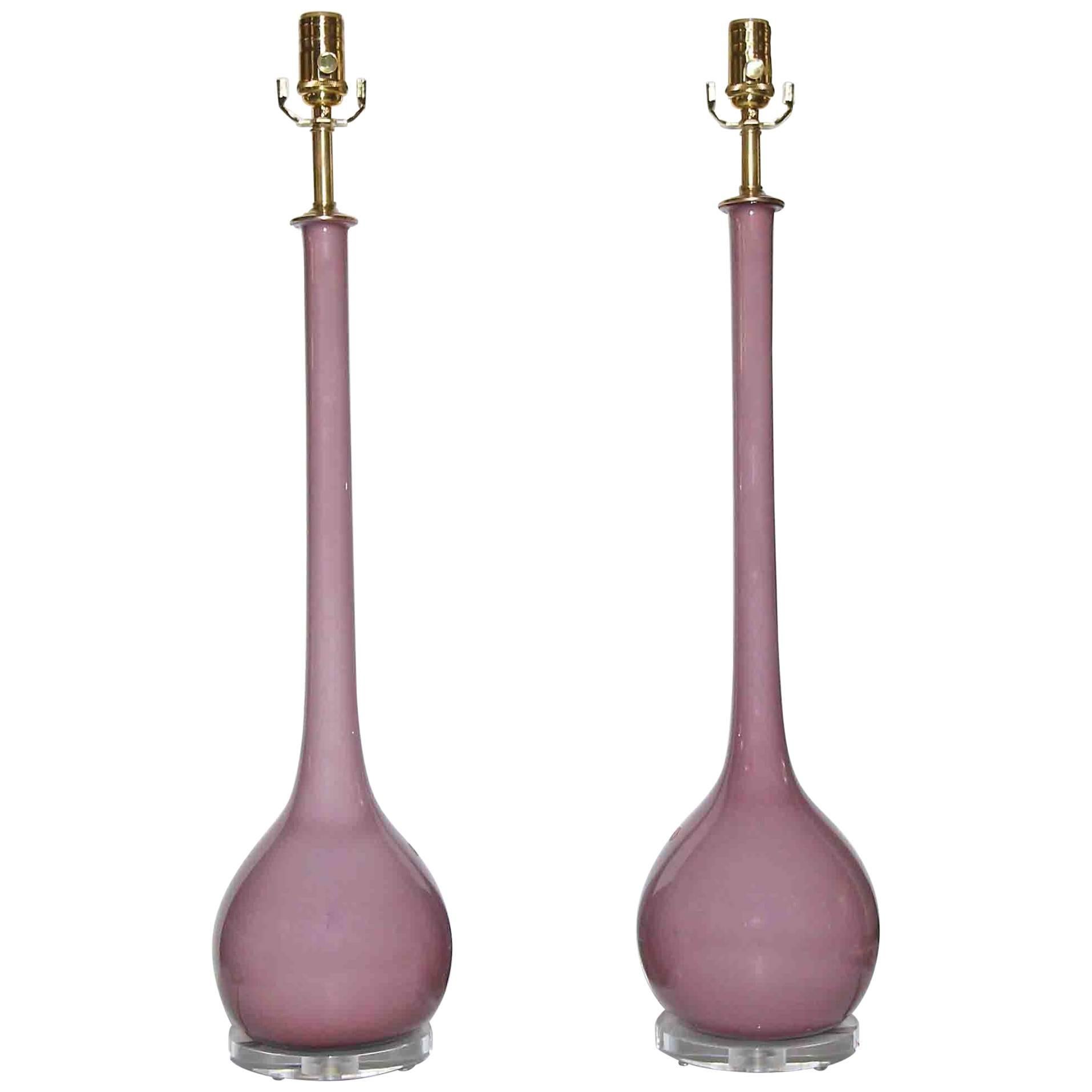 Pair of Murano Long Neck Lavender Purple Glass Table Lamps